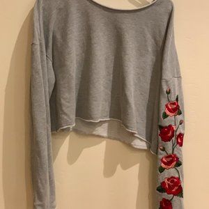 Gray Cropped Sweater with Rose stitching
